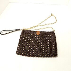 Brown Gold Beaded Clutch/Wristlet/Cross Body Bag ;(Zippered and Strap Closure